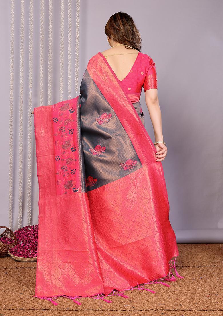 Dark Blue And Pink Woven Silk Sarees - Indya