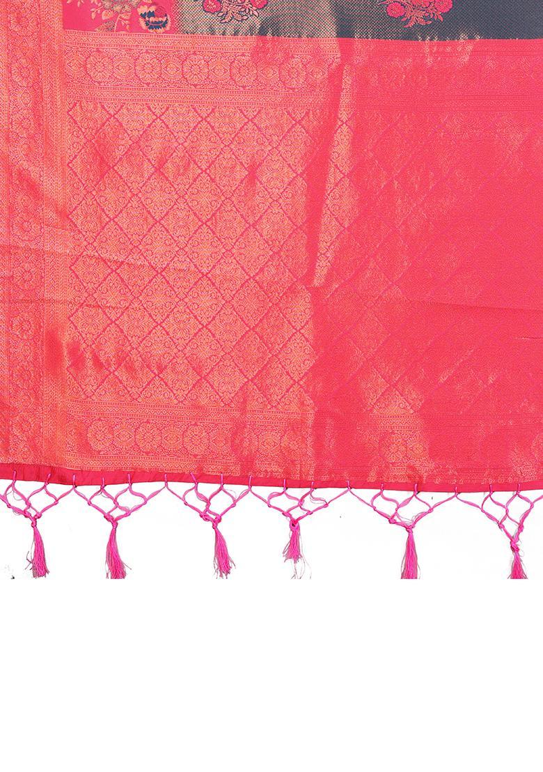Dark Blue And Pink Woven Silk Sarees - Indya