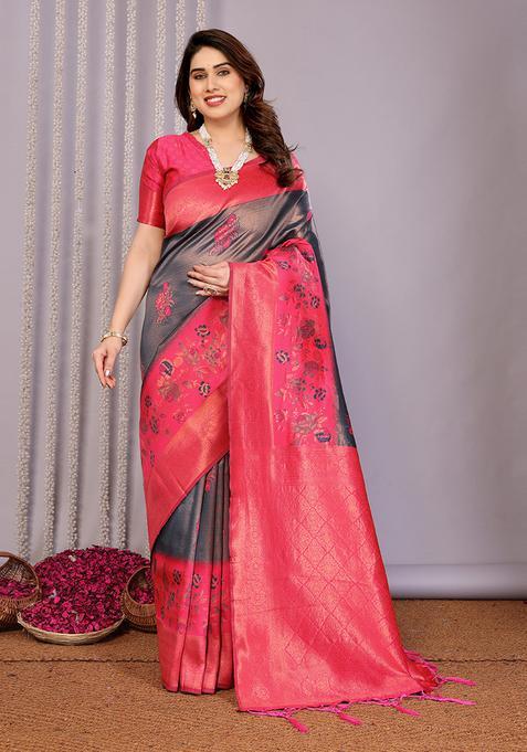 Dark Blue And Pink Woven Silk Sarees
