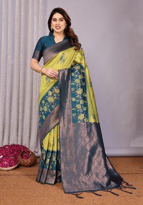 Yellow And Light Blue Woven Silk Sarees