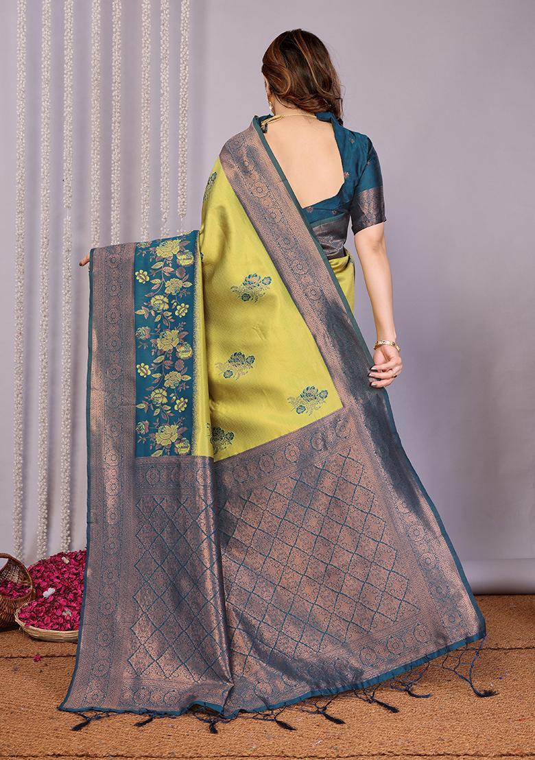 Yellow And Light Blue Woven Silk Sarees - Indya