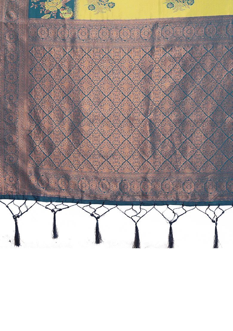 Yellow And Light Blue Woven Silk Sarees - Indya