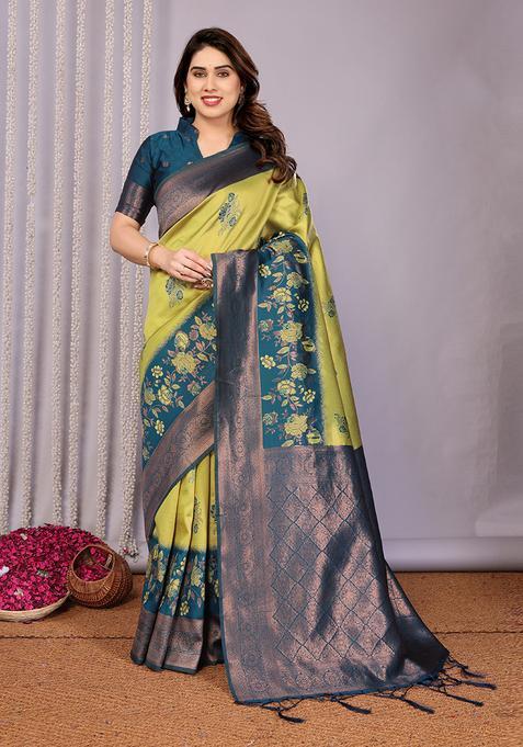 Yellow And Light Blue Woven Silk Sarees