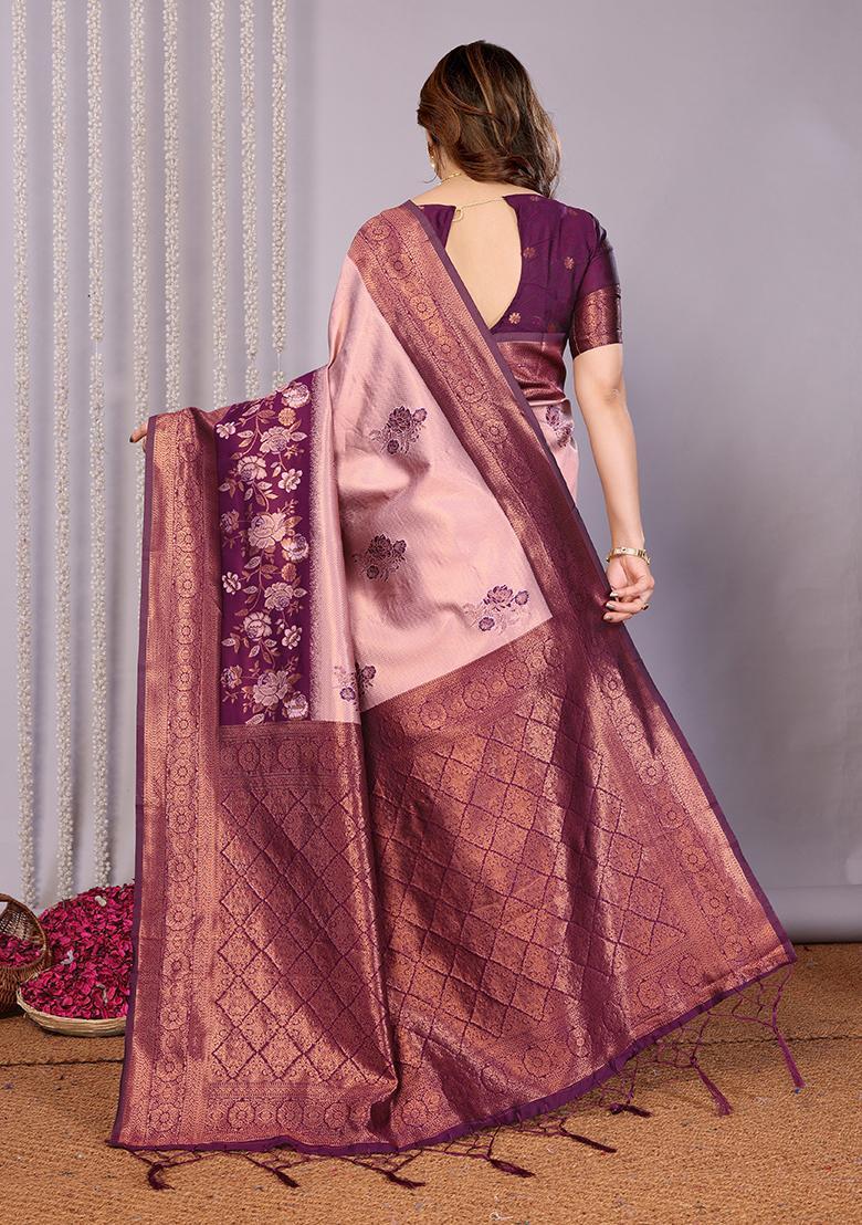 Purple Woven Silk Sarees - Indya
