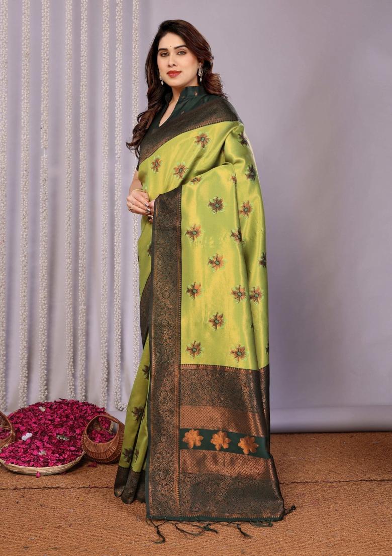 Yellow And Green Woven Silk Sarees - Indya