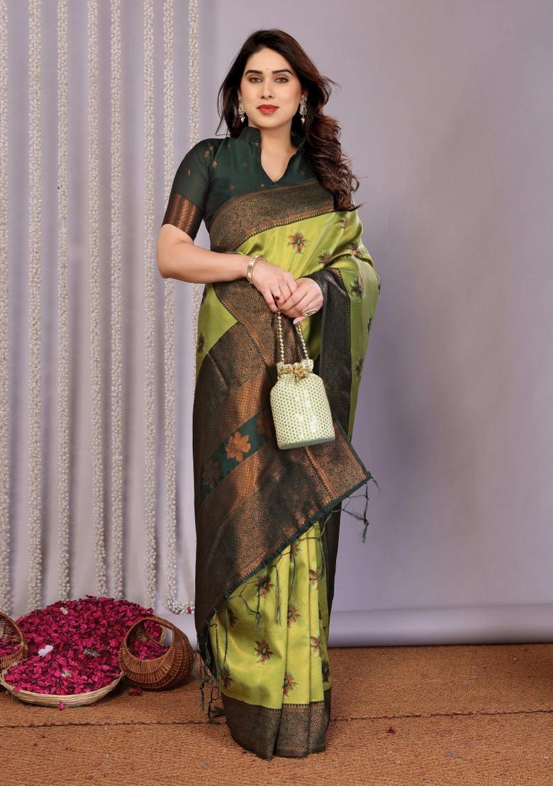 Yellow And Green Woven Silk Sarees - Indya