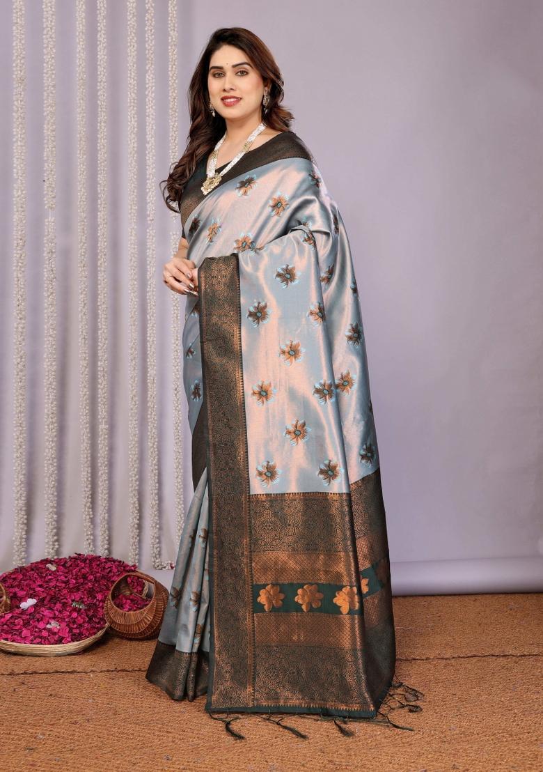 Grey And Green Woven Silk Sarees - Indya