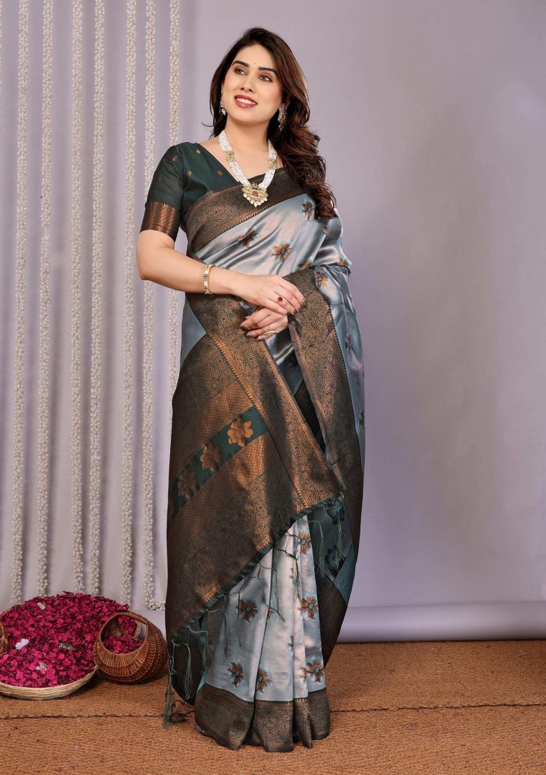Grey And Green Woven Silk Sarees - Indya