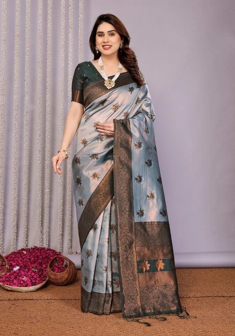 Grey And Green Woven Silk Sarees