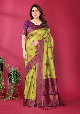 Yellow And Purple Woven Silk Sarees