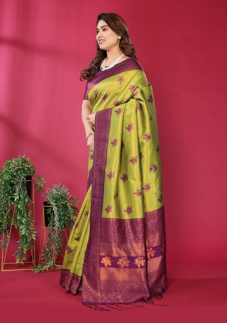 Yellow And Purple Woven Silk Sarees - Indya