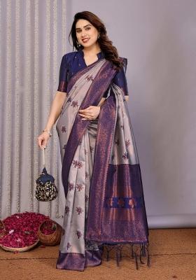 Grey And Dark Blue Woven Silk Sarees