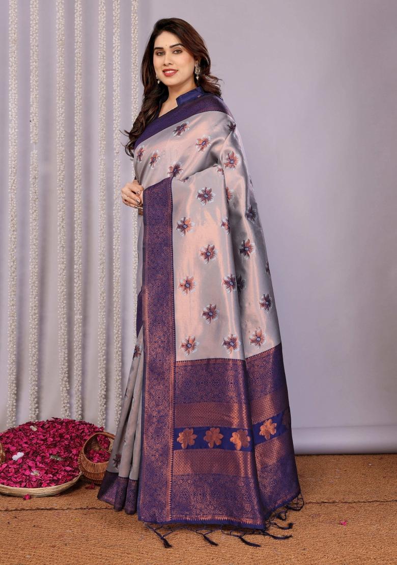 Grey And Dark Blue Woven Silk Sarees - Indya