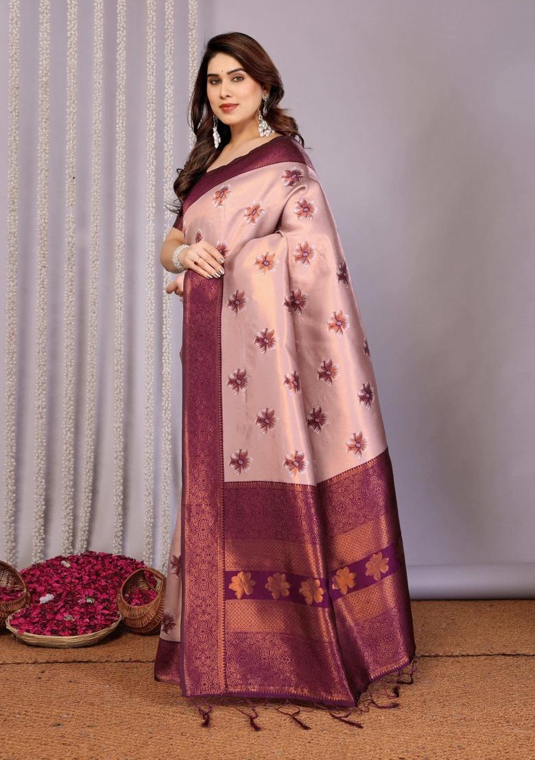 Pink And Purple Woven Silk Sarees - Indya