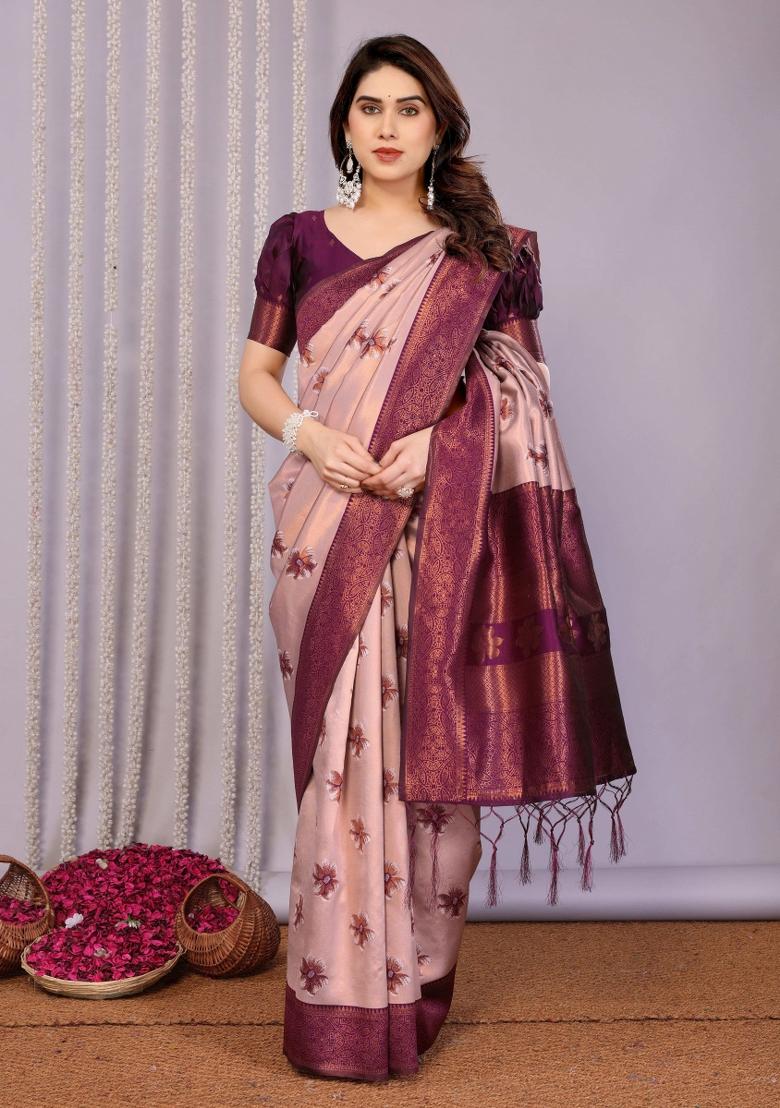 Pink And Purple Woven Silk Sarees - Indya