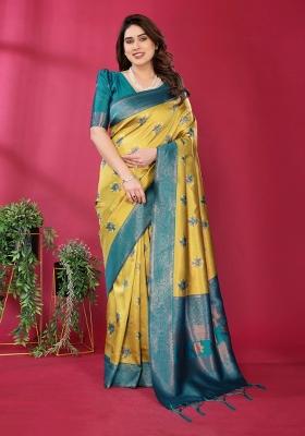 Yellow And Blue Woven Silk Sarees