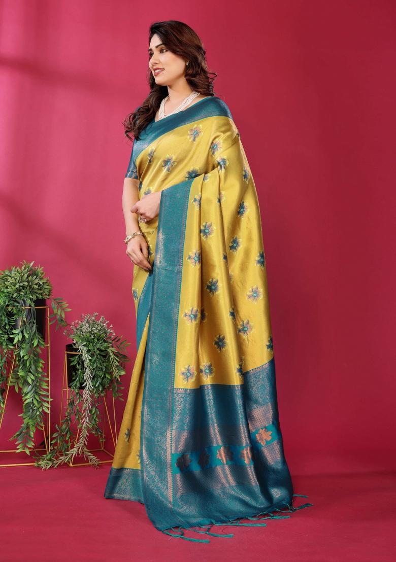 Yellow And Blue Woven Silk Sarees - Indya
