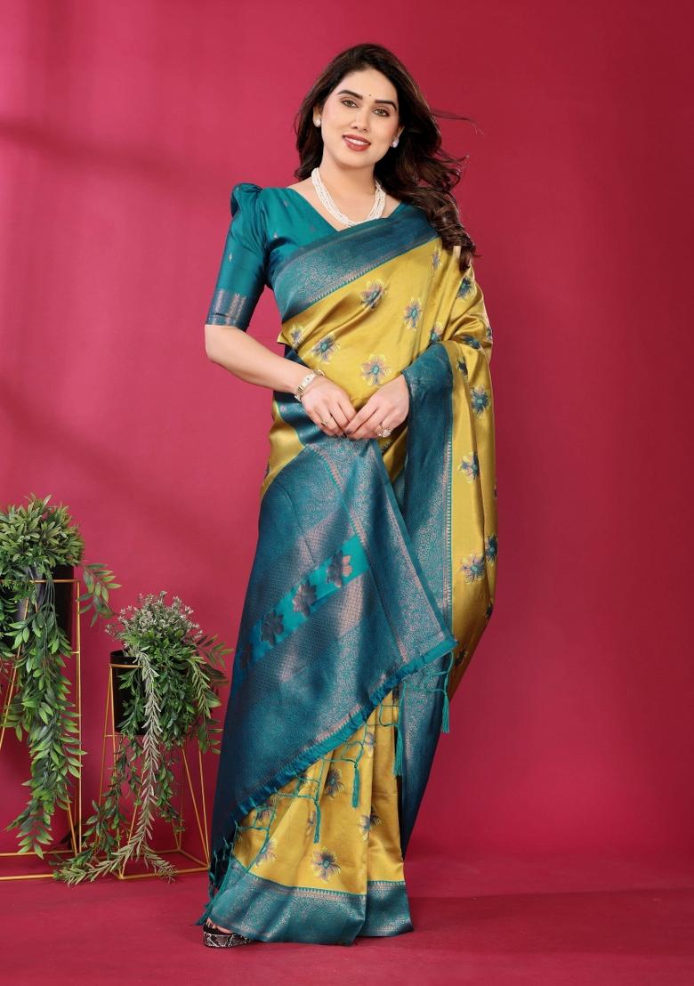 Yellow And Blue Woven Silk Sarees - Indya