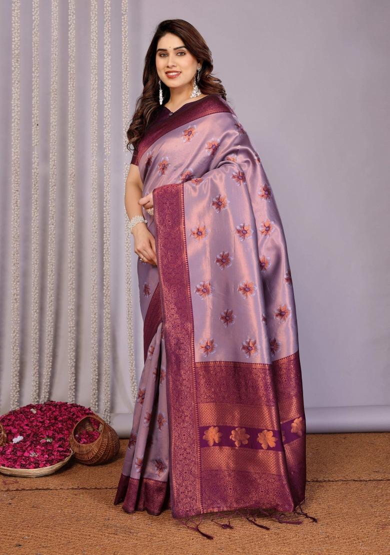Pink And Purple Woven Silk Sarees - Indya