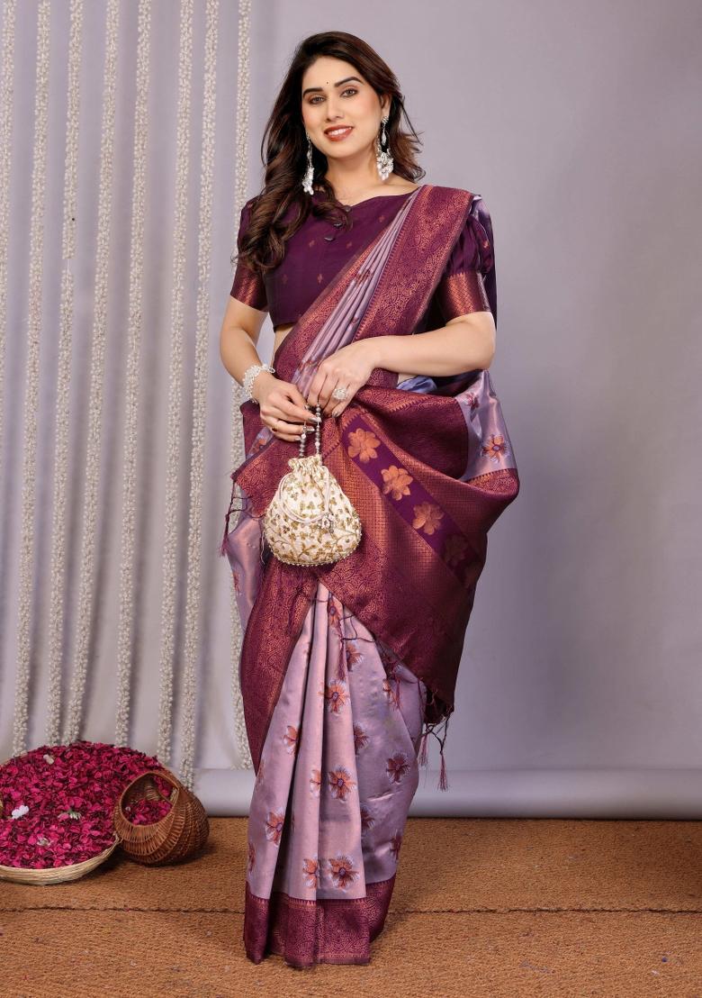 Pink And Purple Woven Silk Sarees - Indya