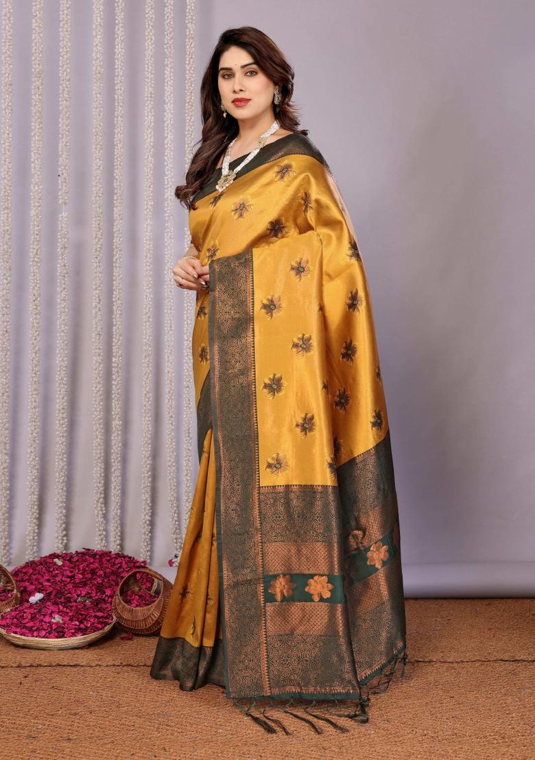 Yellow And Green Woven Silk Sarees - Indya