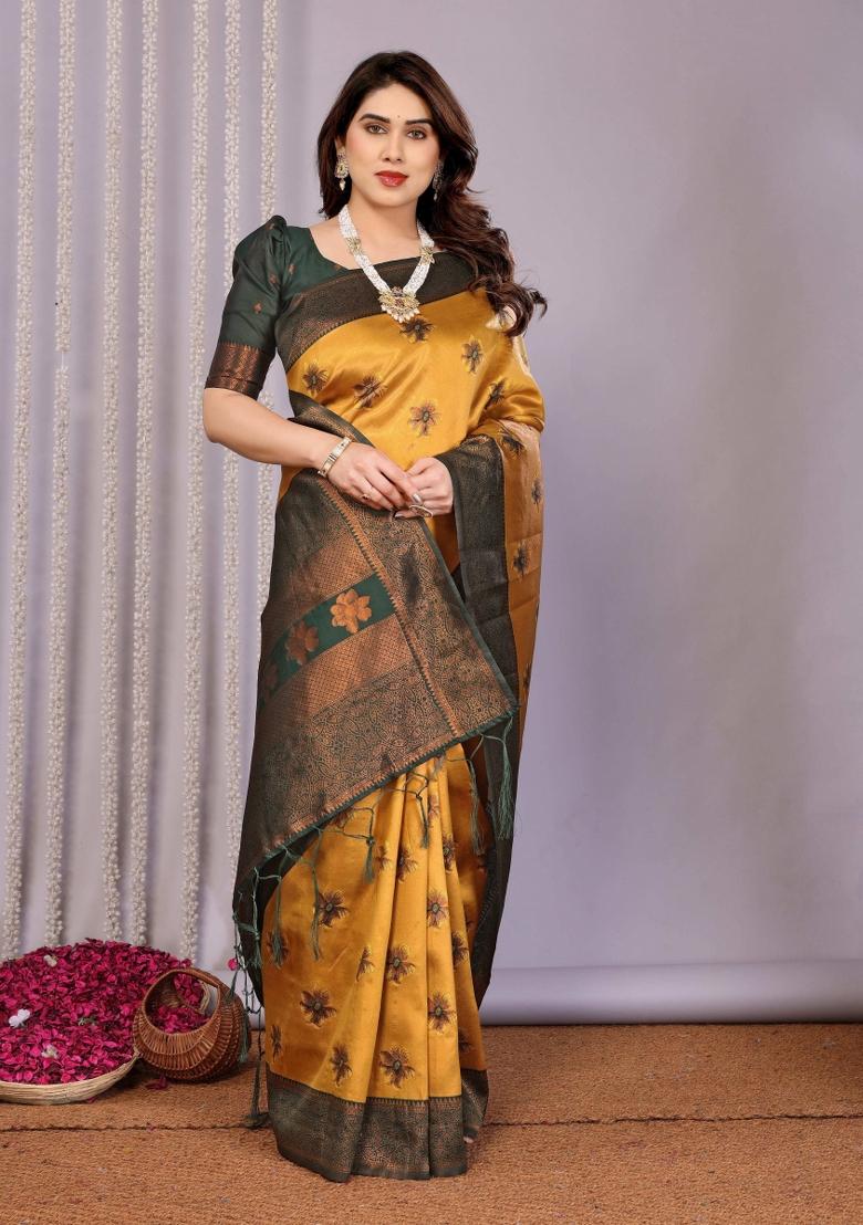 Yellow And Green Woven Silk Sarees - Indya