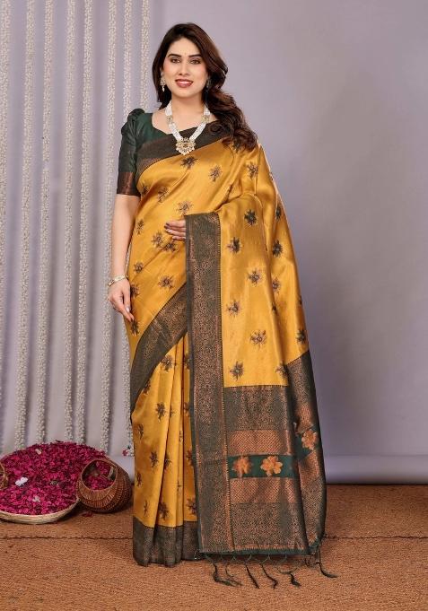 Yellow And Green Woven Silk Sarees