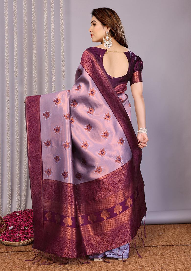 Purple Woven Silk Sarees - Indya