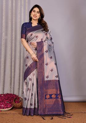 Grey And Dark Blue Woven Silk Sarees