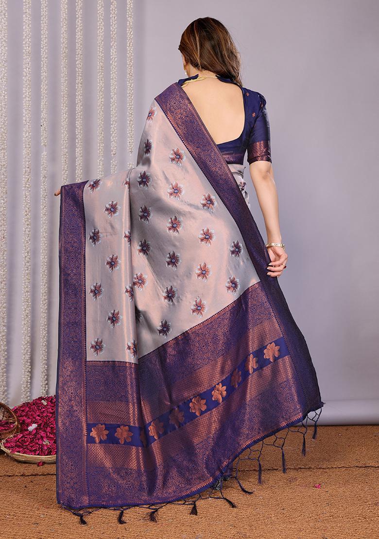 Grey And Dark Blue Woven Silk Sarees - Indya