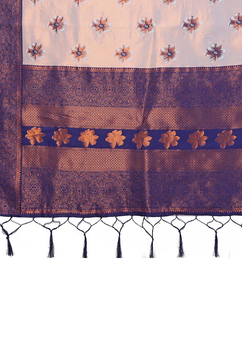 Grey And Dark Blue Woven Silk Sarees - Indya