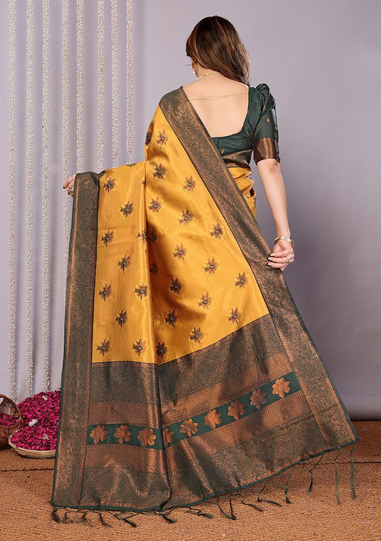Yellow And Green Woven Silk Sarees - Indya