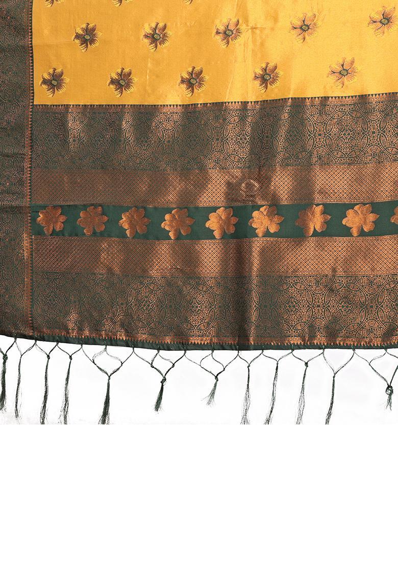 Yellow And Green Woven Silk Sarees - Indya