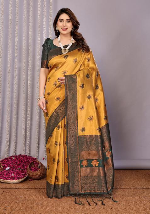 Yellow And Green Woven Silk Sarees
