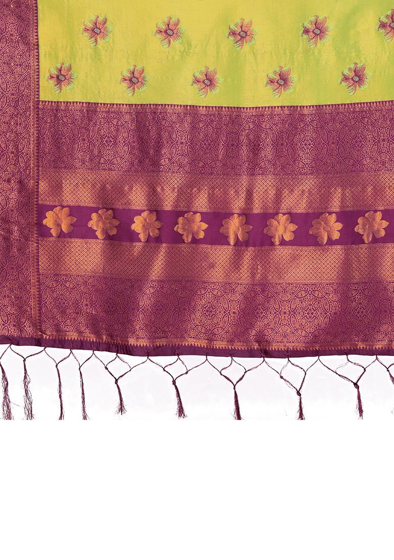 Yellow And Purple Woven Silk Sarees - Indya