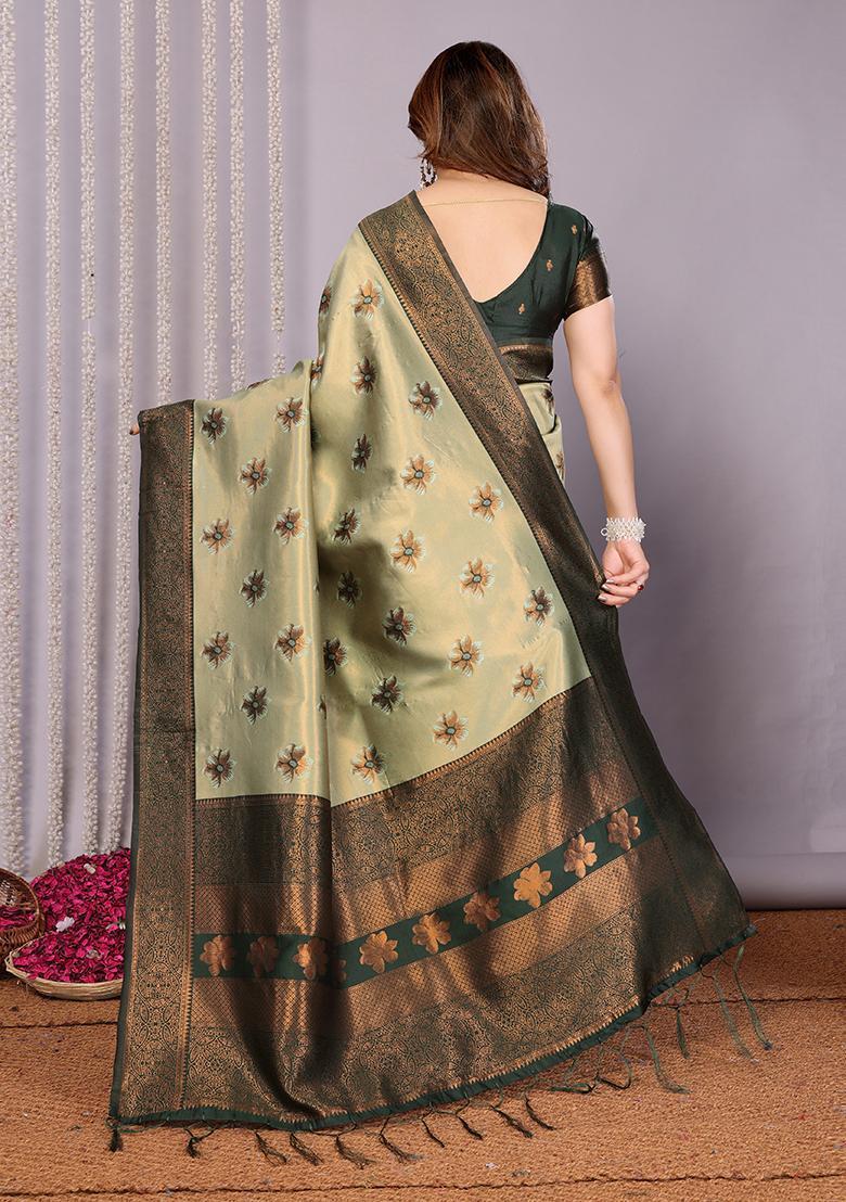 Light Green And Green Woven Silk Sarees - Indya