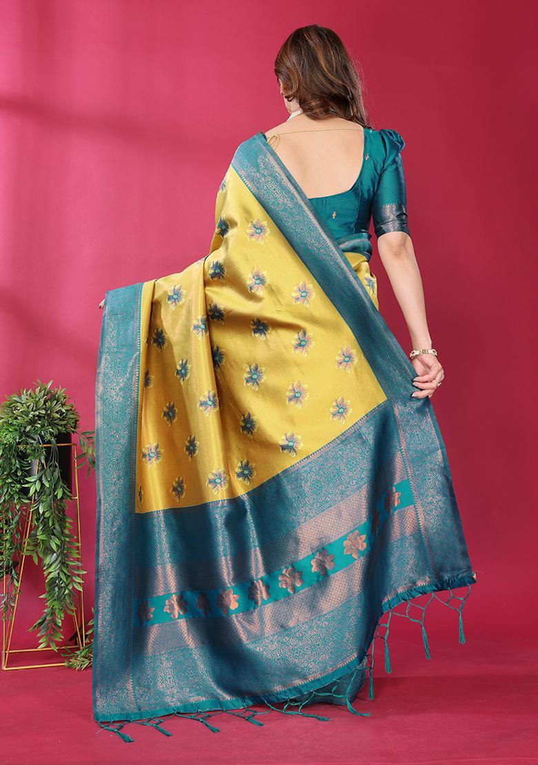 Yellow And Light Blue Woven Silk Sarees - Indya