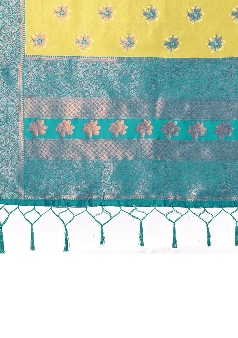 Yellow And Light Blue Woven Silk Sarees - Indya