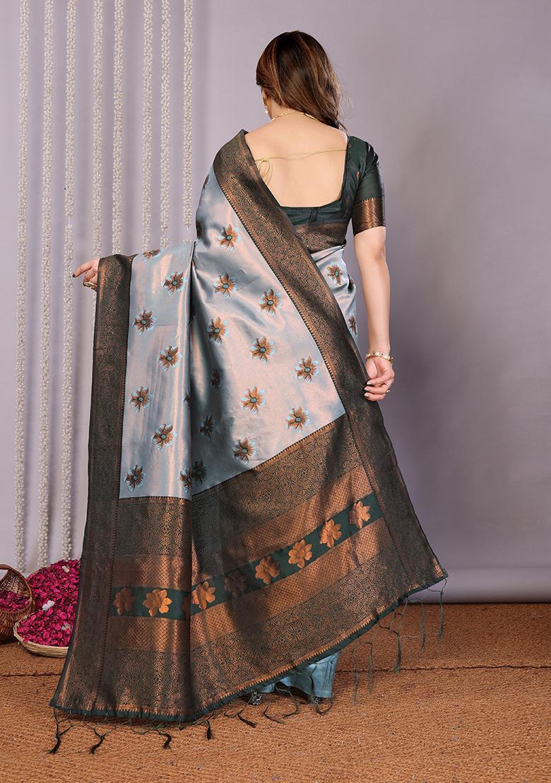 Grey And Green Woven Silk Sarees - Indya