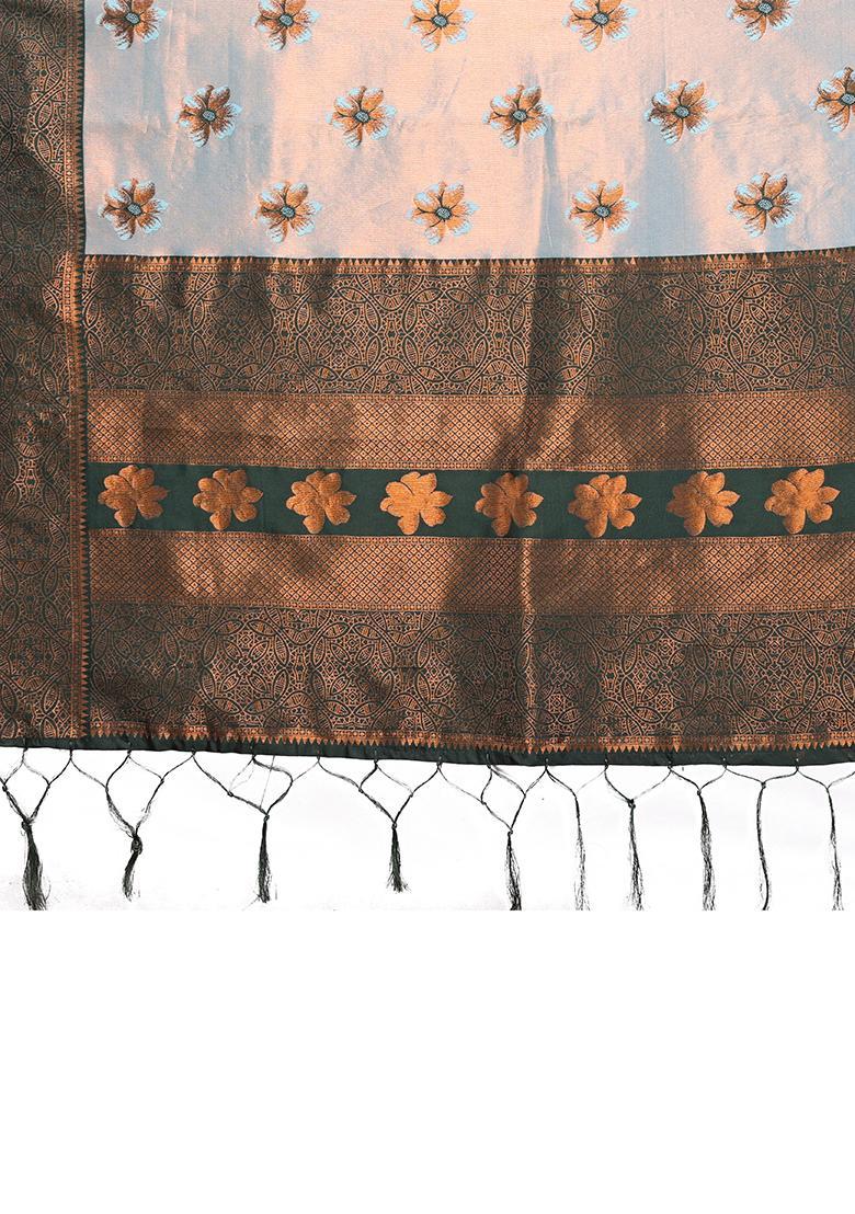 Grey And Green Woven Silk Sarees - Indya