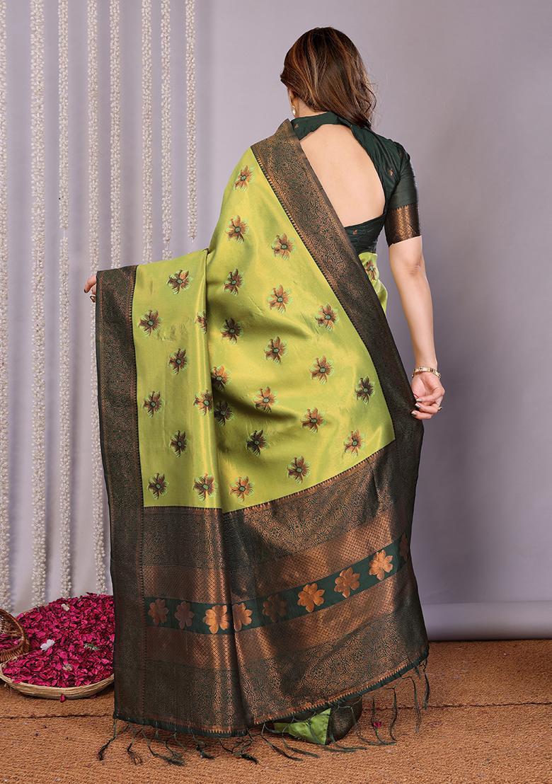 Yellow And Green Woven Silk Sarees - Indya
