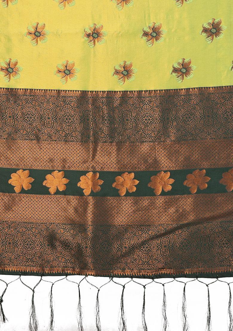 Yellow And Green Woven Silk Sarees - Indya