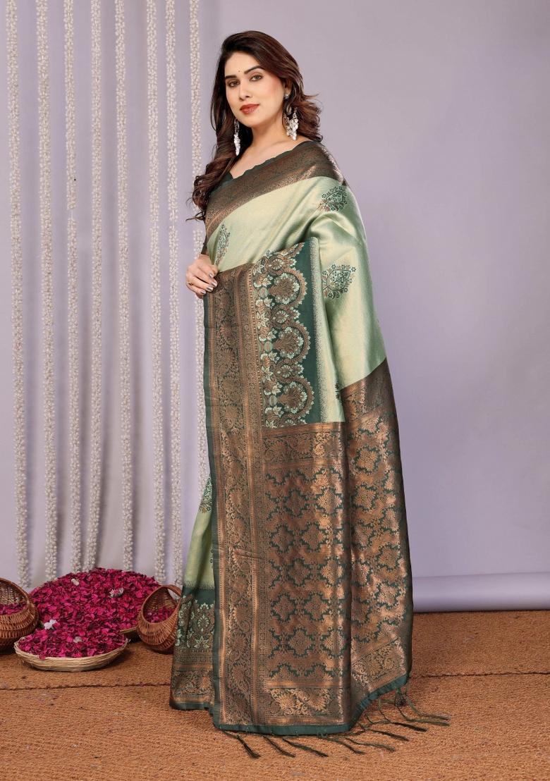 Green Woven Silk Sarees - Indya