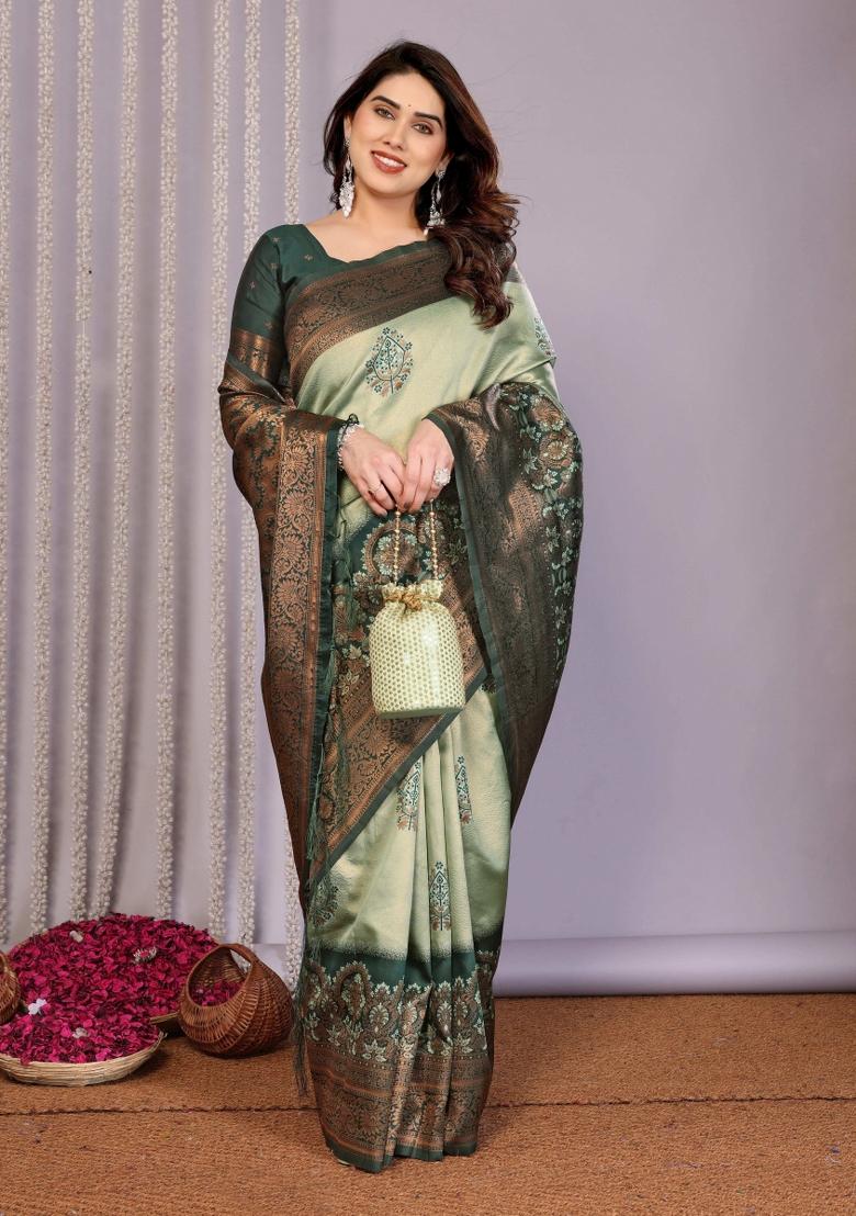 Green Woven Silk Sarees - Indya