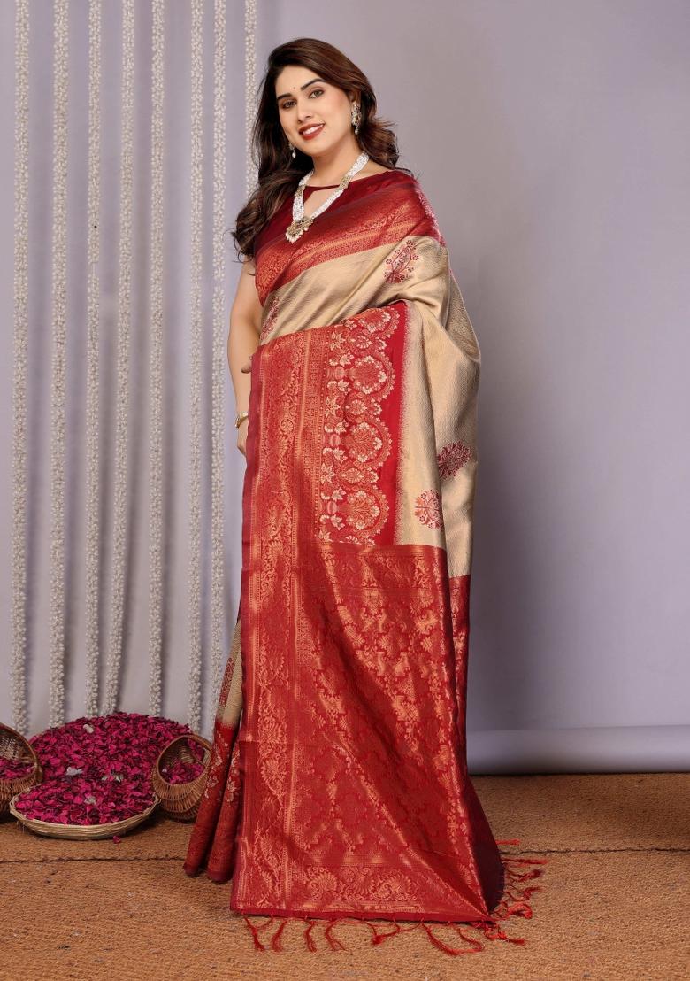 Cream And Maroon Woven Silk Sarees - Indya