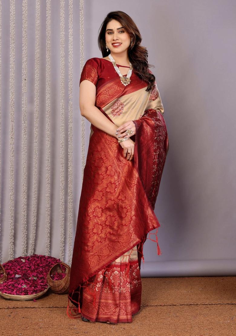 Cream And Maroon Woven Silk Sarees - Indya