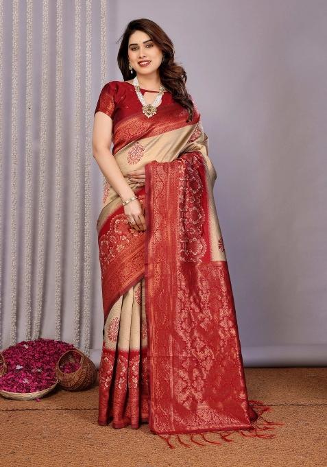 Cream And Maroon Woven Silk Sarees