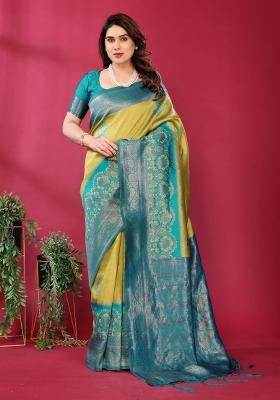 Yellow And Blue Woven Silk Sarees