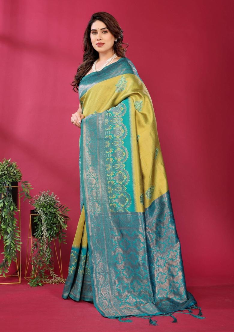 Yellow And Blue Woven Silk Sarees - Indya