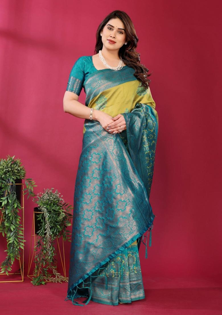 Yellow And Blue Woven Silk Sarees - Indya